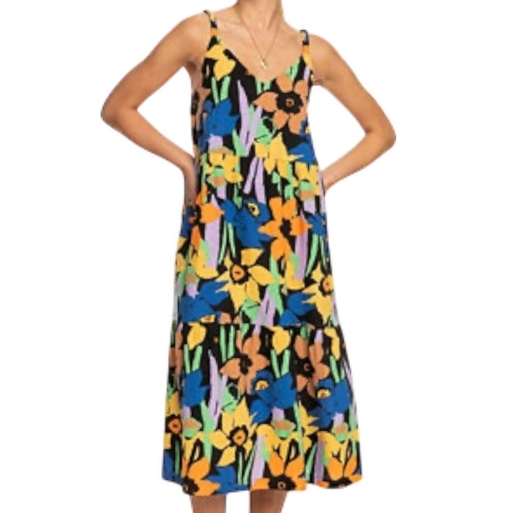 Roxy Women's Waiting Line Colorful Floral Print Tiered Midi Dress Size XL Resort